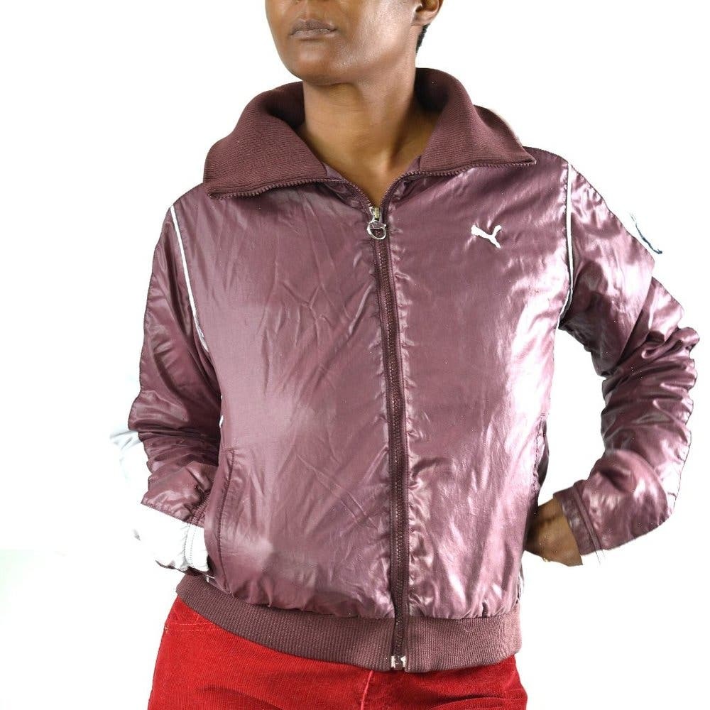 VINTAGE Puma Quilted Puffy Track Bomber Ski Jacket Burgundy Gray Large Collar M